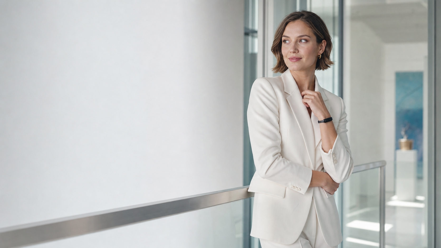 Businesswoman wearing a slim smart bracelet